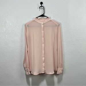 LOFT Ruffle Neck Smocked Cuffs Pale Pink
Semi Sheer Blouse Sz S Lightweight Chic